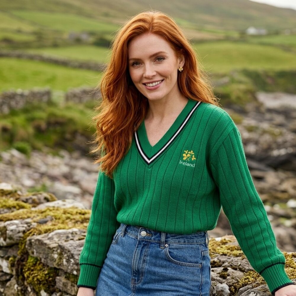 Vintage Made in Ireland Emerald Green Shamrock V-Neck Sweater XL